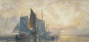 Barcos de pesca ancorados: Sunset, 19th century (watercolour)